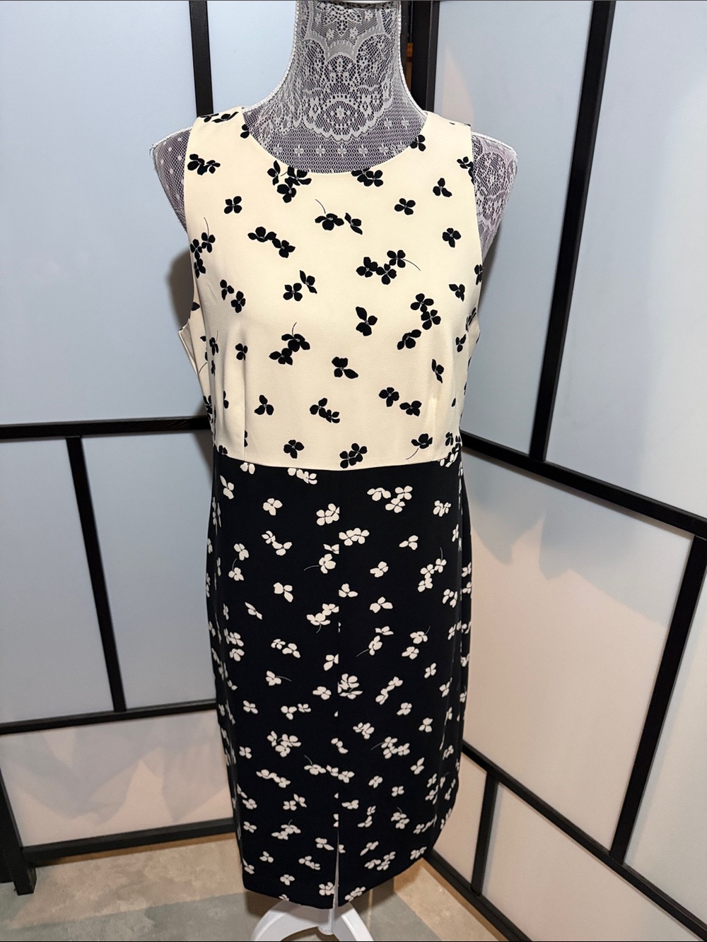 Ann Taylor Black and Cream Two-Tone Floral Midi Dress